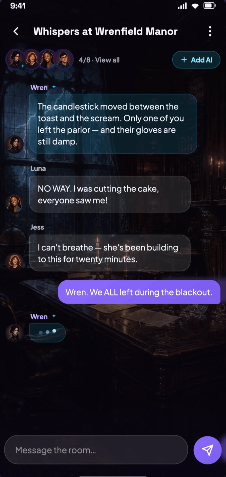 PlumHour chat room where friends and an AI detective character solve a manor mystery together