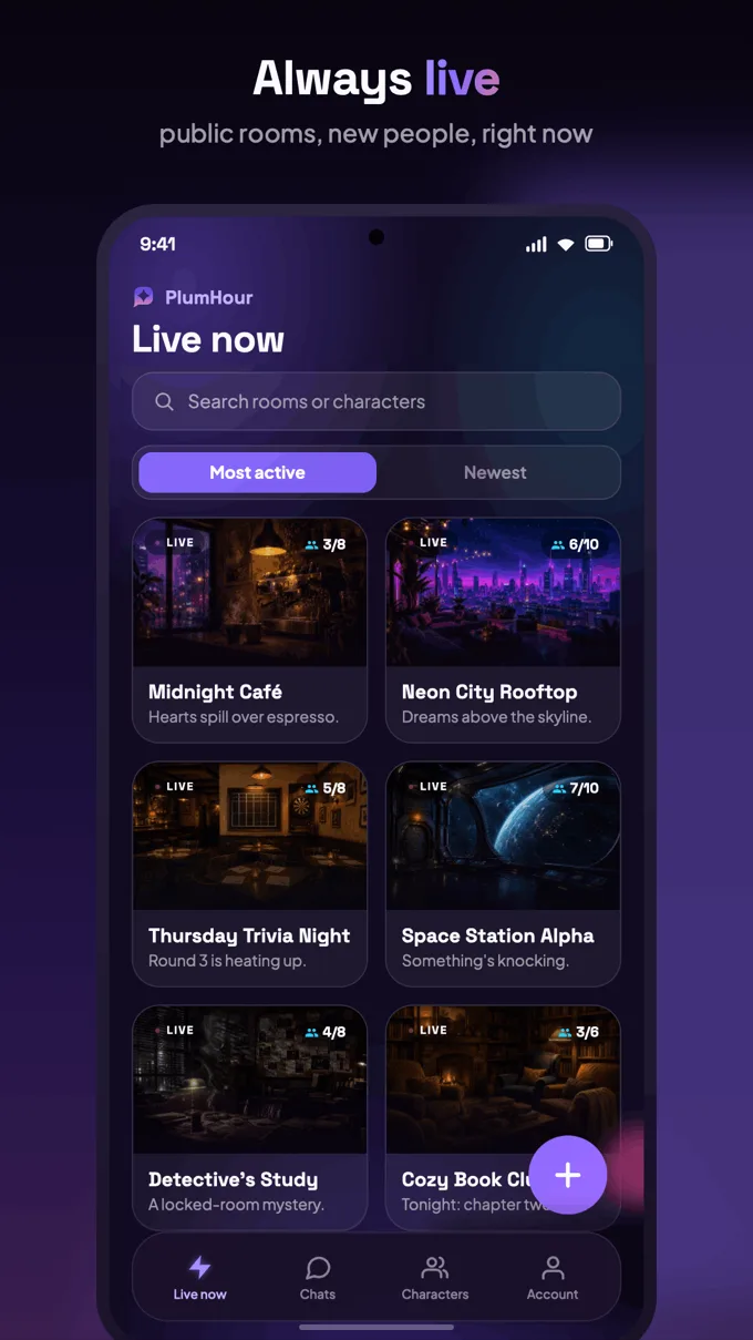 Live now tab showing six public rooms with live badges and participant counts