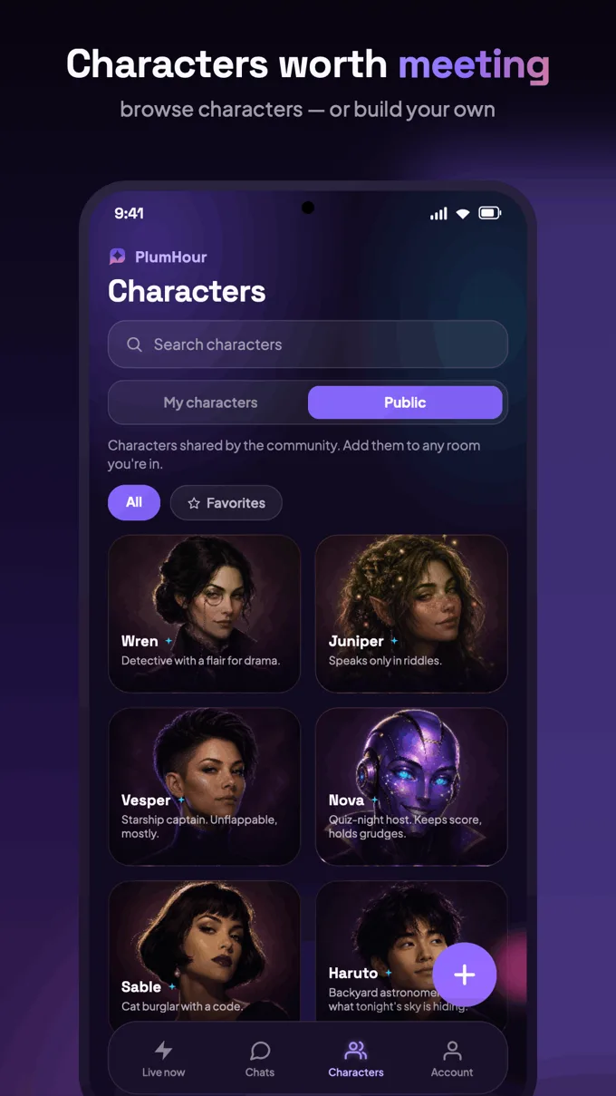 Characters tab with a gallery of community-made AI characters