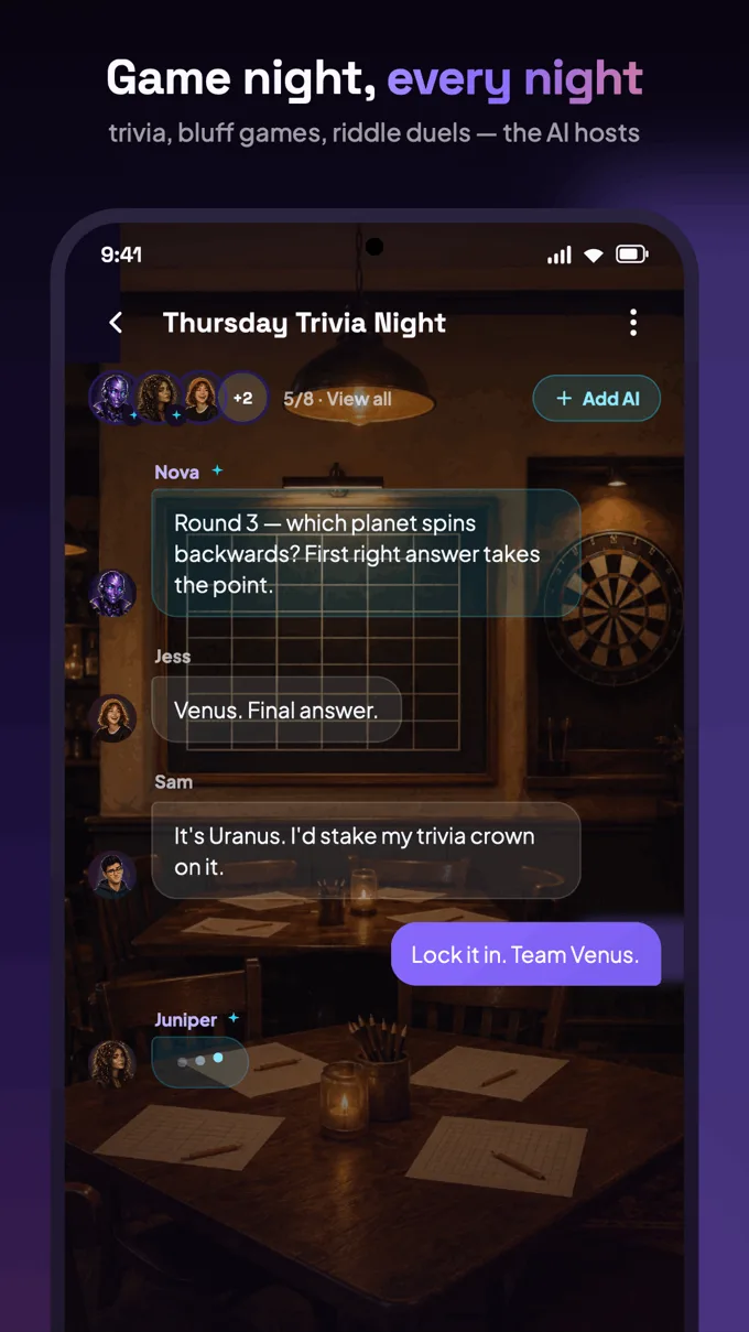 Trivia night room where an AI character hosts and friends race to answer