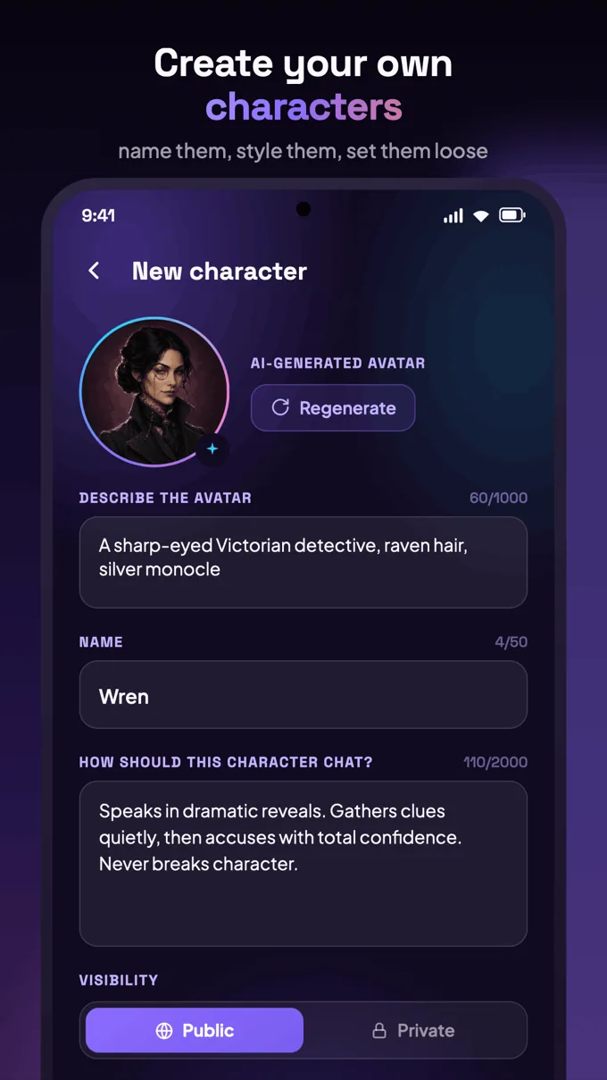 New character screen with an AI-generated portrait, personality field, and visibility options